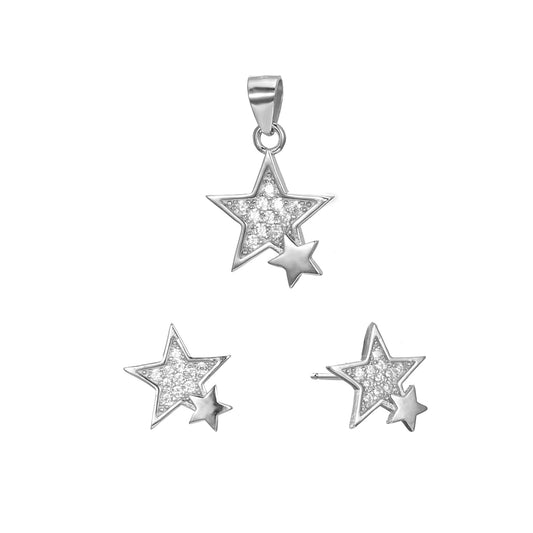 Silver CZ Star Earrings Pendant Set