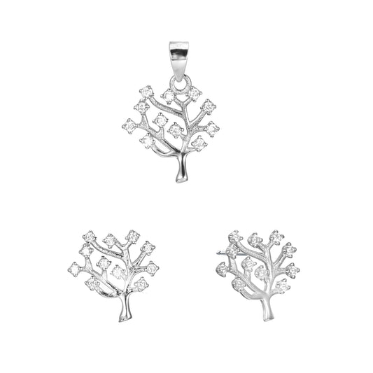 Silver CZ Family Tree Earrings Pendant Set