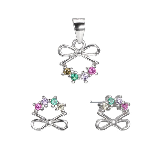 Silver Multi-Color CZ Bows Earrings Pendant Set