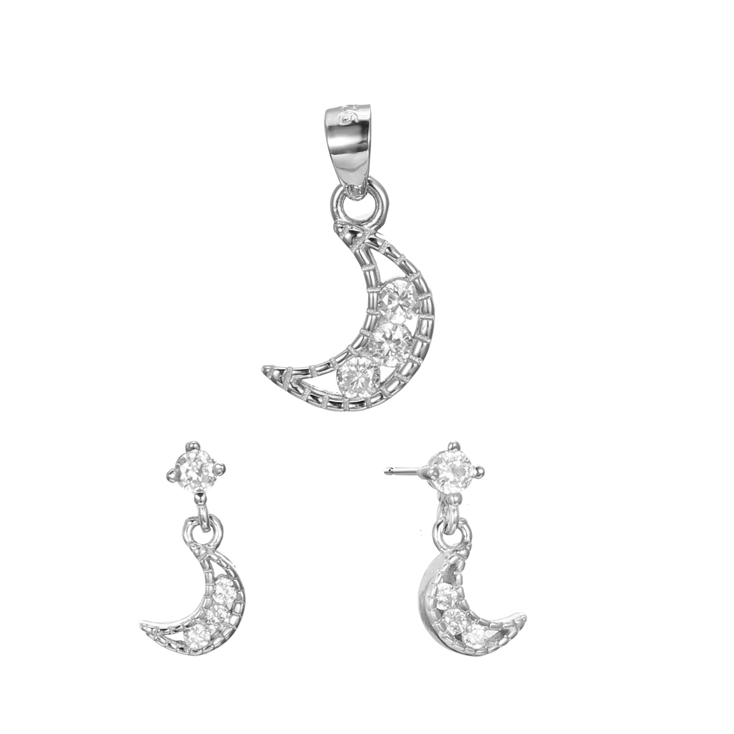 Silver CZ Moon Earrings Pendant Set