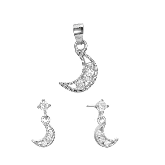 Silver CZ Moon Earrings Pendant Set