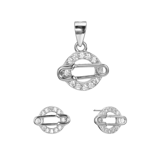 Silver CZ Circle Safety Pin Earrings Pendant Set