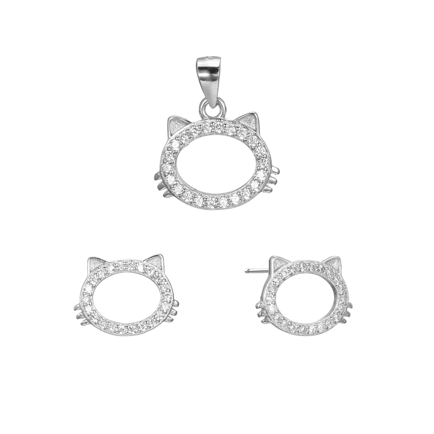 Silver CZ Cat Earrings Pendant Set