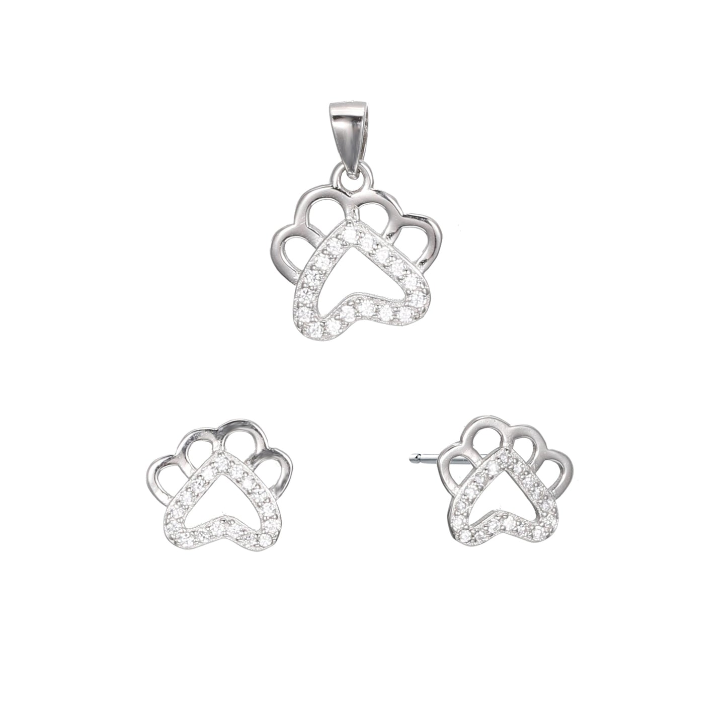 Silver CZ Pet Paws Earrings Pendant Set