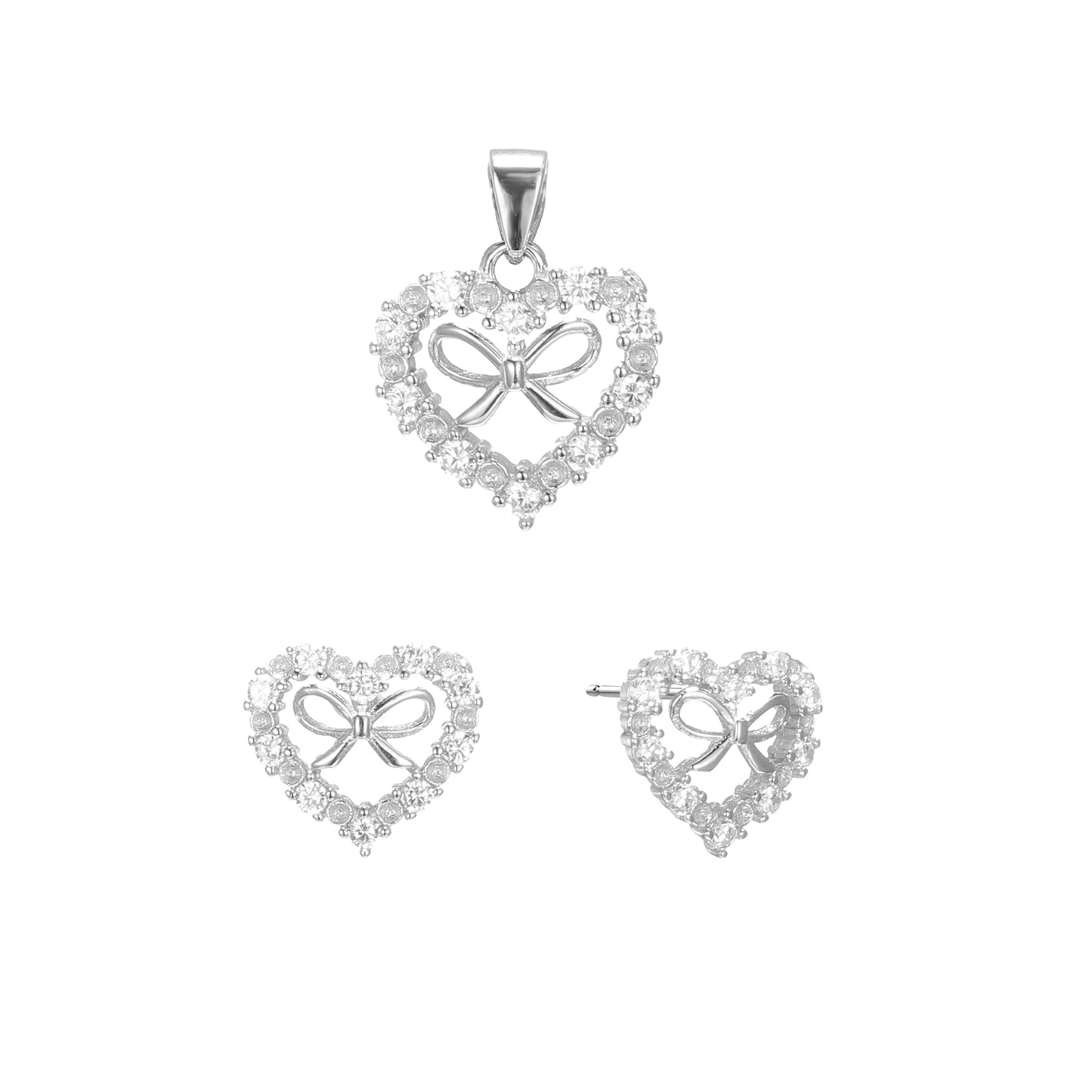 Silver CZ Heart Bow Earrings Pendant Set