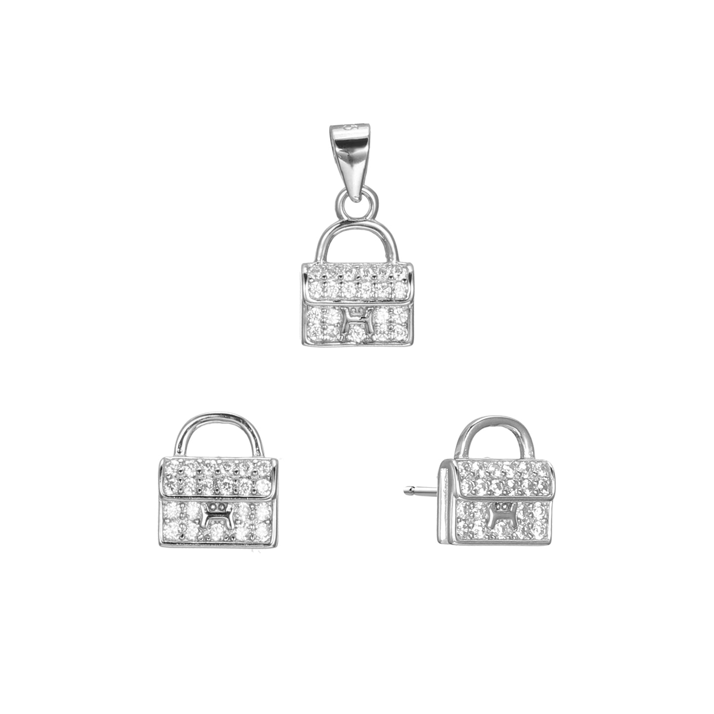 Silver CZ Purse Earrings Pendant Set