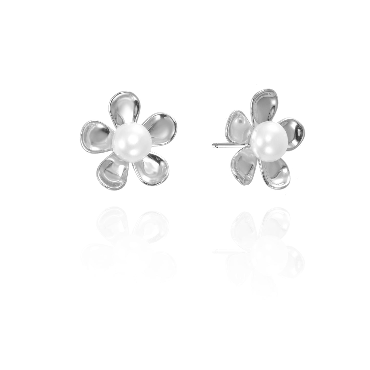 Silver Pearl Flower Stud Earrings