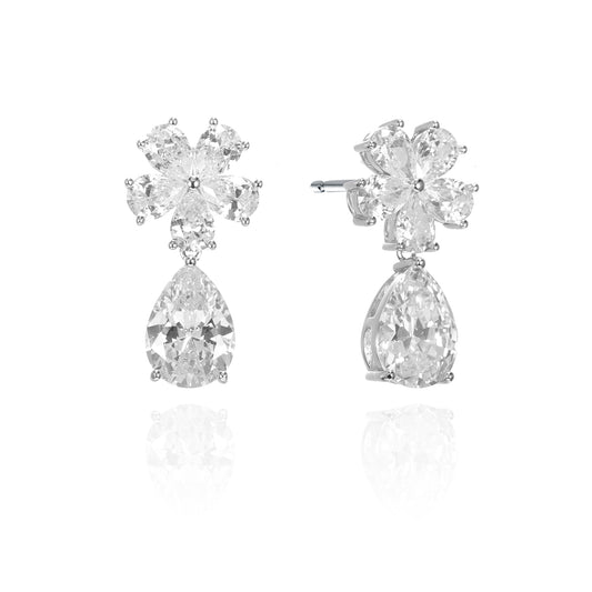 Silver CZ Flower Teardrop Earrings