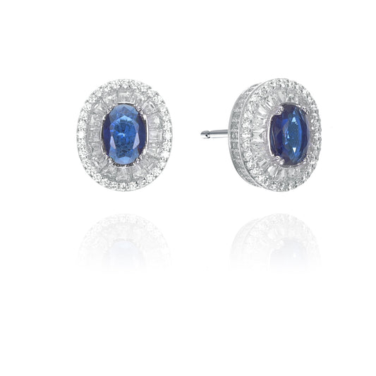 Silver Oval Baguette Halo CZ Earrings