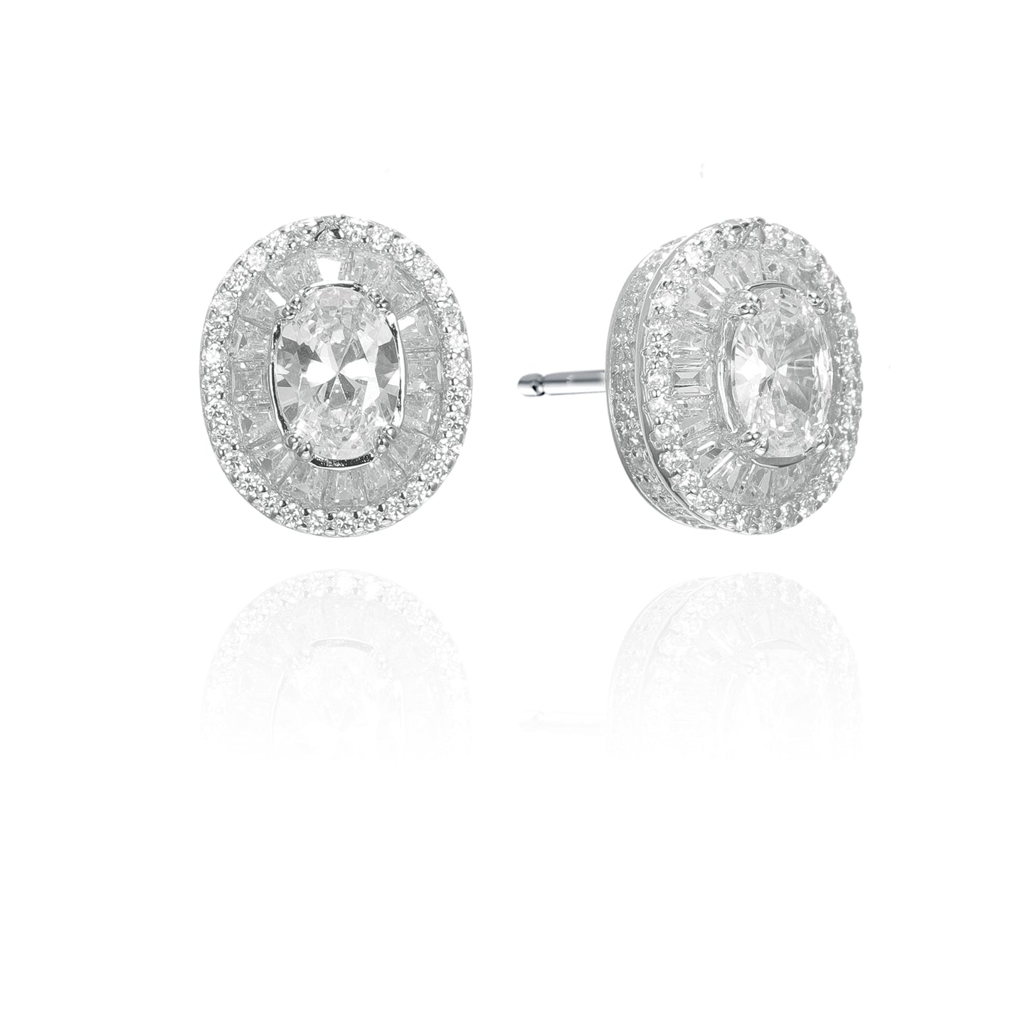 Silver Oval Baguette Halo CZ Earrings