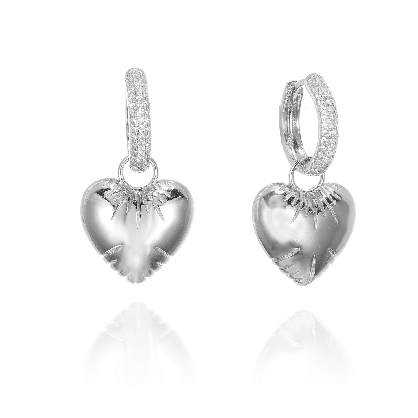 Silver CZ Heart Drop Huggie Earrings