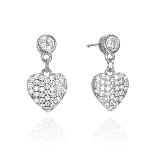 Silver CZ Heart Drop Stud Earrings