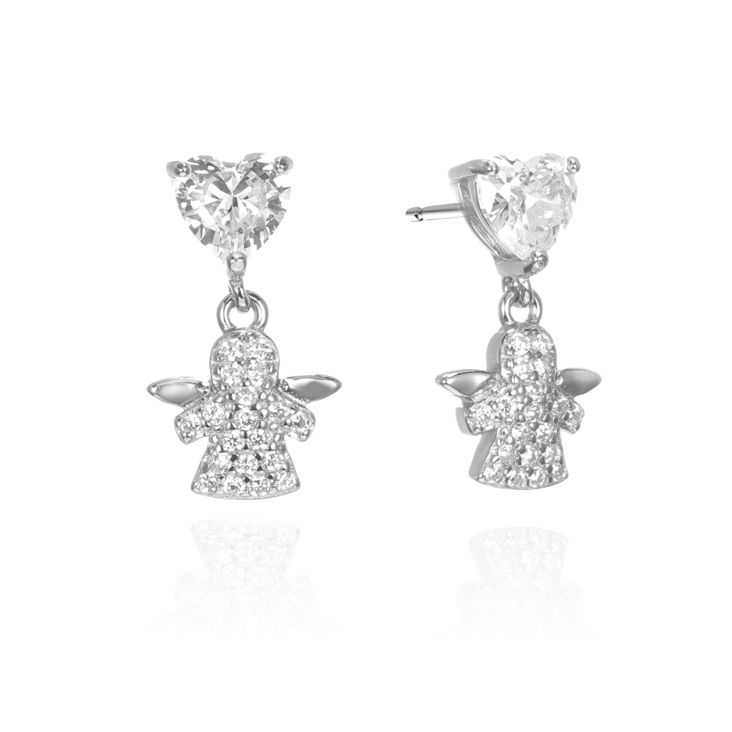 Silver CZ Heart Angel Drop Stud Earrings