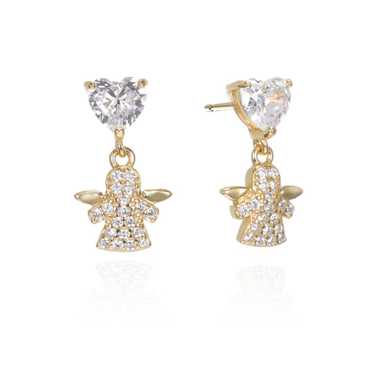 Silver CZ Heart Angel Drop Stud Earrings