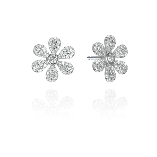 Silver CZ Flower Stud Earrings