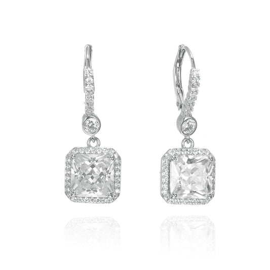 Silver CZ Princess Cut Drop Leverback Earrings