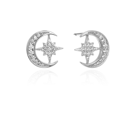 Silver CZ Crescent Starbust Stud Earrings