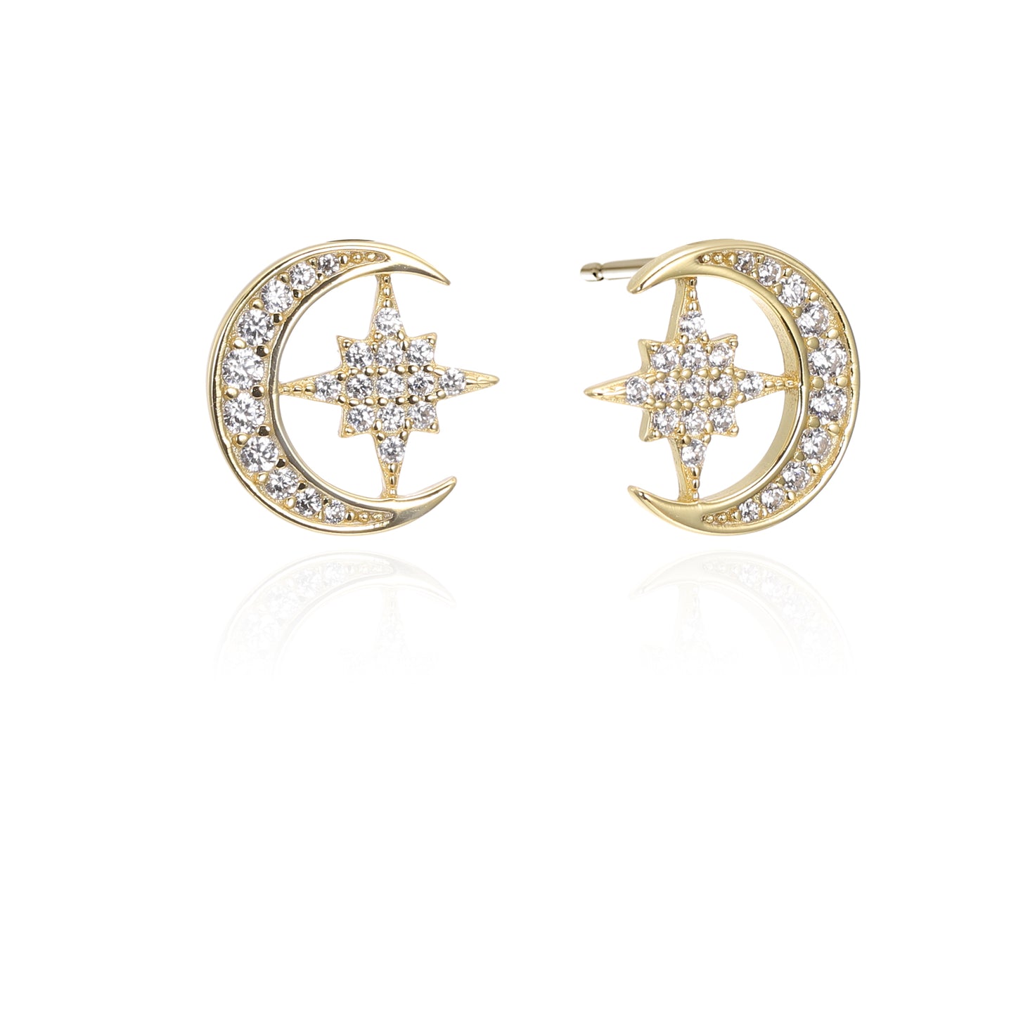 Silver CZ Crescent Starbust Stud Earrings