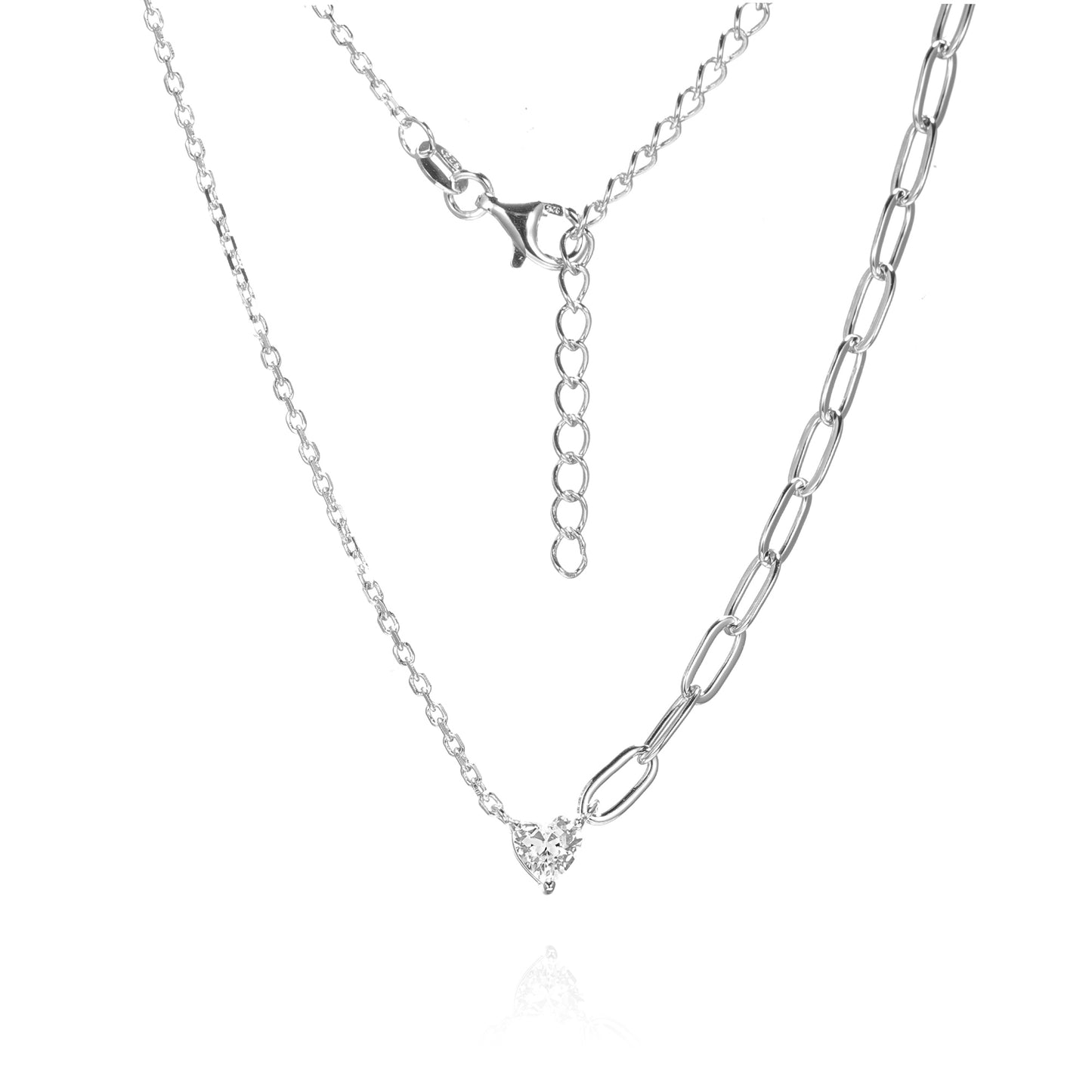 Silver Heart CZ Half Paper Clip Necklace