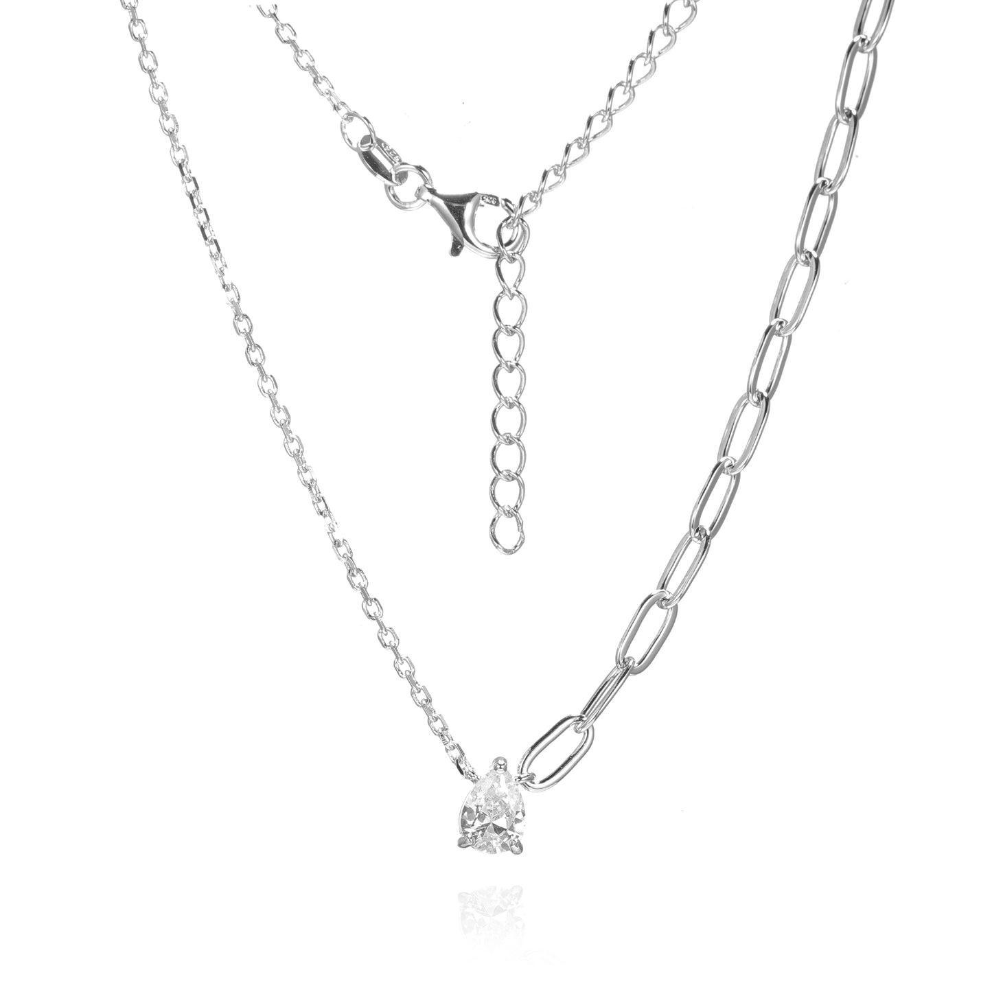 Silver Pear CZ Half Paper Clip Necklace