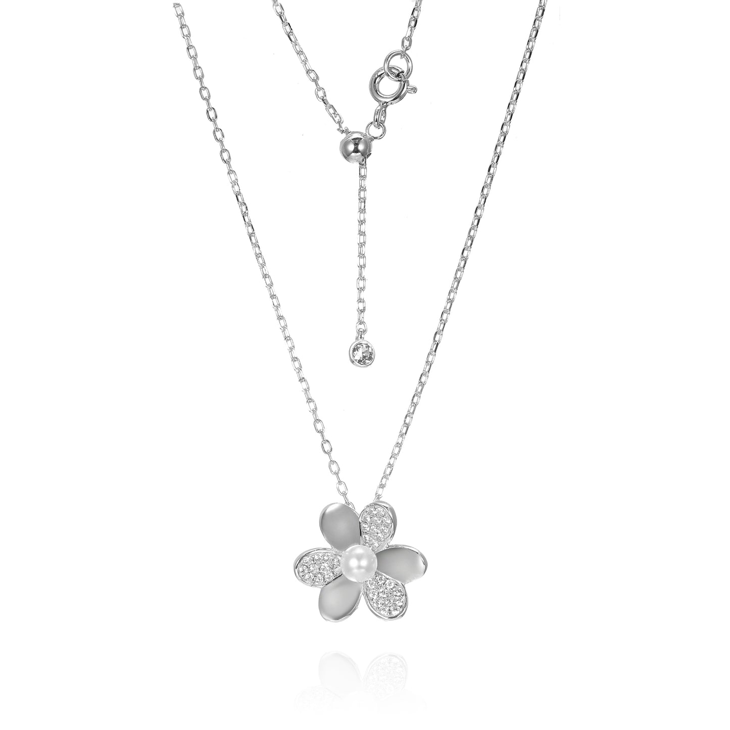 Silver CZ Flower Pearl Necklace