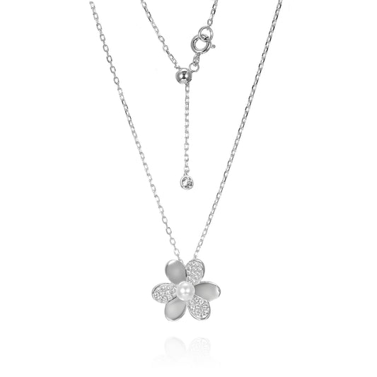 Silver CZ Flower Pearl Necklace