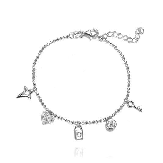 Silver CZ Key Lock Heart Star Bracelet