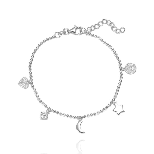 Silver CZ Disc Star Moon Heart Bracelet