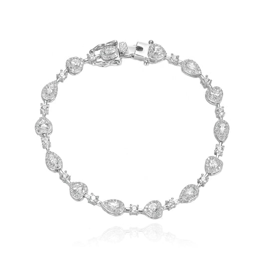 Silver Pear Heart Shaped Halo CZ Tennis Bracelet