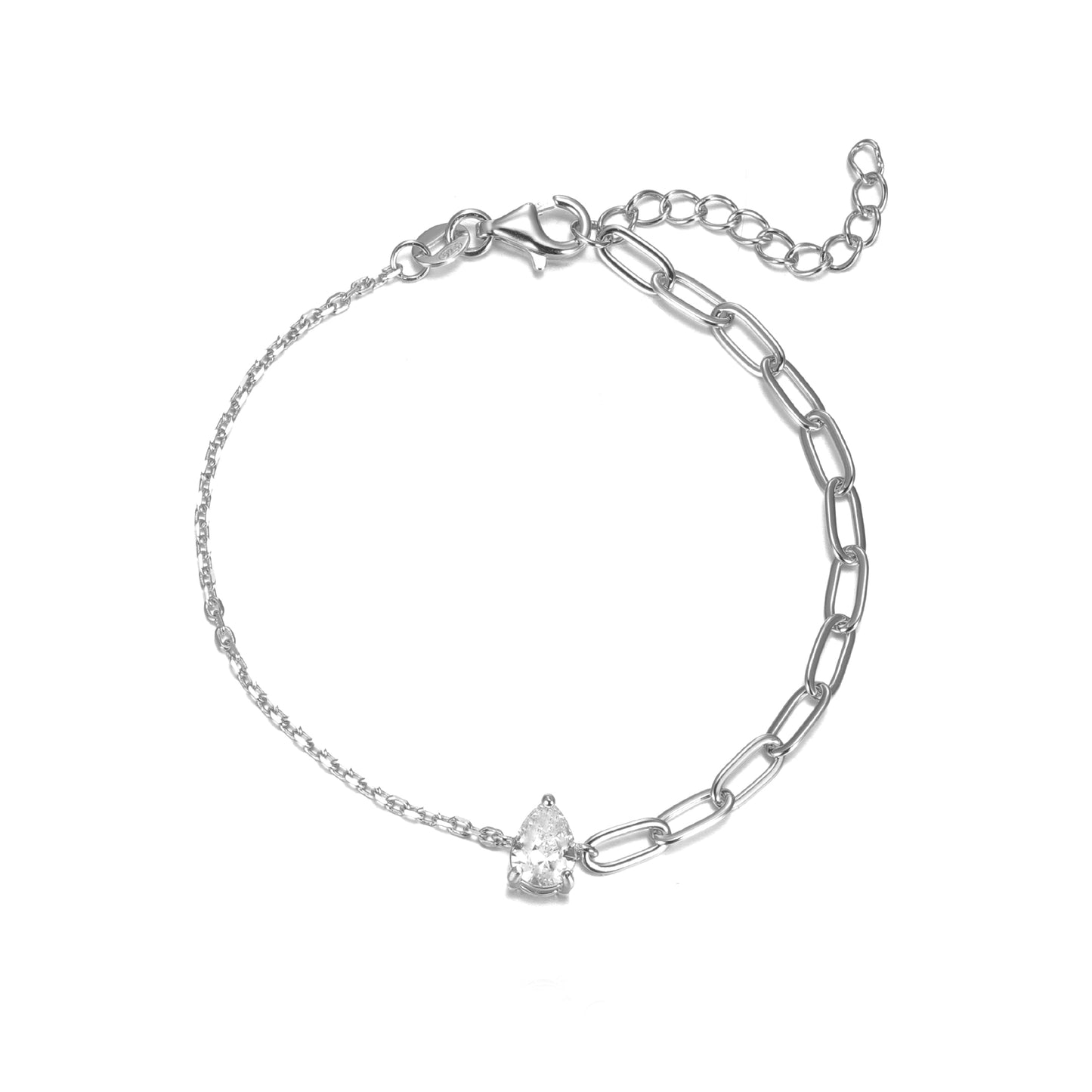 Silver Pear CZ Half Paper Clip Bracelet